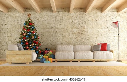 Christmas Living Room With Pallet Sofa, Stone Wall And Wooden Beams - 3d Rendering