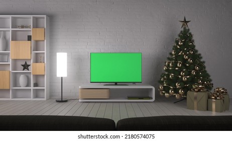 Christmas Living Room With Television. TV Mockup Screen. TV Screen With A Blank Green Background. 3d Illustration.