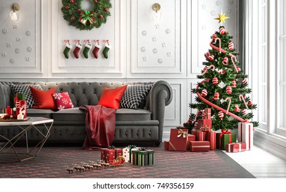 Christmas living room with a christmas tree and presents under it - modern classic style, 3D render, 3D illustration