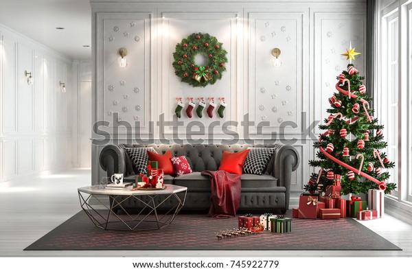 Albero Di Natale Moderno.Illustrazione Stock 745922779 A Tema Soggiorno Di Natale Con Un Albero