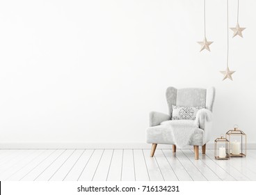 Christmas Livingroom Interior With Velvet Armchair, Pillow, Stars And Lanterns On White Wall Background. 3D Rendering.