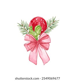 Christmas lollipops with pine branches and a pink ribbon bow. Watercolor illustration of festive decorations. A red lollipop and a cockerel on a stick. Perfect for holiday cards, invitations design. - Powered by Shutterstock