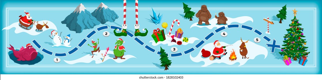 Christmas Map With Maze. Adventure Board Game For Kids. Boardgame In Cartoon Style. Santa, Deer, Bigfoot And Elf In Isometric View. Fantasy Way. Holiday Panorama