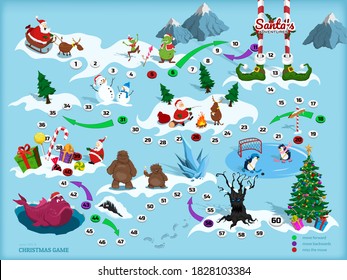 Christmas Map With Maze. Adventure Board Game For Children. Boardgame In Cartoon Style. Santa, Deer, Bigfoot And Elf In Isometric View. Path Through Labyrinth. Puzzle Journey