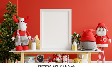 Christmas Mockup Frame,mockup Red Wall In Living Room Christmas Interior.3d Rendering