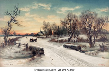 Christmas Morn by W. C. Bauer. Original from Library of Congress. Vintage Christmas Morn art drawing illustration, old Christmas Morn painting art print. scenic painting. winter. Christmas Morn - Powered by Shutterstock