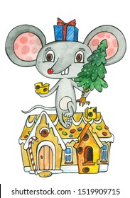 Christmas Mouse And Gingerbread House, Watercolor Illustration With A Mouse, A Symbol Of The New Year 2020