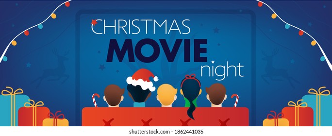 Christmas Movie Night Facebook  Cover, Kids TV Party. Children, Gifts, Sofa, Screen, Reindeer On Blue Background. Vector Illustration, Web Site Flyer, Invitation Template