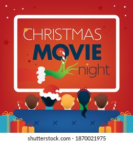 Christmas Movie Night square Cover, Kids TV party. Children, Gifts, sofa, screen on red background. Vector Illustration, web site flyer, invitation template