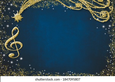 Christmas musical card.Treble clef  and Bethlehem Star glitter gold  texture on blue background with copy space - Powered by Shutterstock