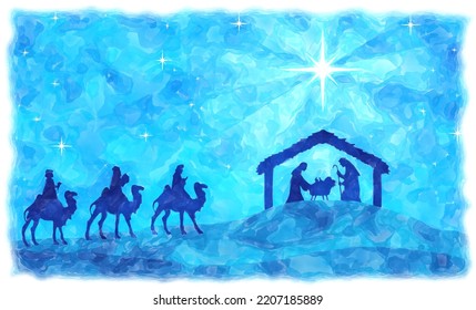 Christmas Nativity In The Desert With Three Wise Men, Watercolor Painting Sketch. Greeting Card Background.