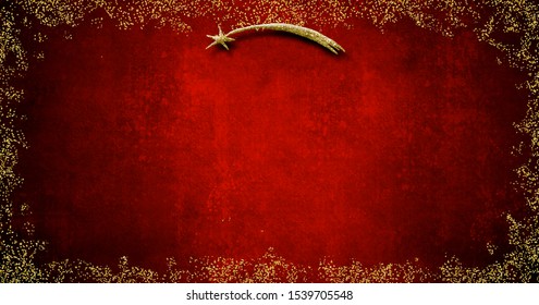 Christmas Nativity Greetings Cards, Star Of Bethlehem And Gold Texture On Blank Grunge  Red Background