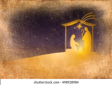 Christmas Nativity Religious Bethlehem Crib Scene, With Holy Family Of Mary, Joseph And Baby Jesus In A Starry Night. Holiday Background, Illustration.