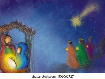 Christmas nativity religious Bethlehem crib scene, with Holy family of Mary, Joseph and baby Jesus and three wise men and shepherd. Abstract artistic holiday background illustration.