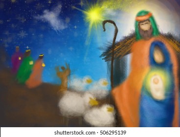 Christmas Nativity Religious Bethlehem Crib Scene, With Holy Family Of Mary, Joseph And Baby Jesus And Three Wise Men And Shepherd. Abstract Artistic Holiday Background Illustration.