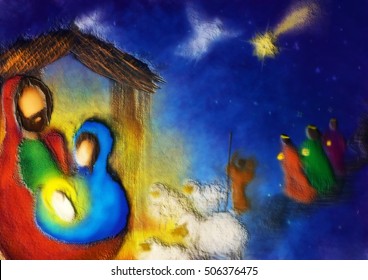 Christmas Nativity Religious Bethlehem Crib Scene, With Holy Family Of Mary, Joseph And Baby Jesus And Three Wise Men And Shepherd. Abstract Artistic Holiday Background Illustration.