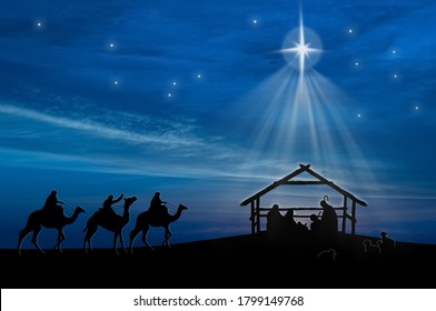 Christmas nativity scene of baby Jesus in the manger with Joseph, Mary, shepherds and three wise men