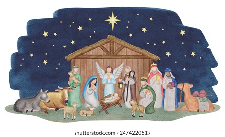 Christmas nativity scene with Baby Jesus, Virgin Mary, Joseph, Three Wise Men, Shepherd of sheep and animals. biblical scene for religious cards, posters - Powered by Shutterstock