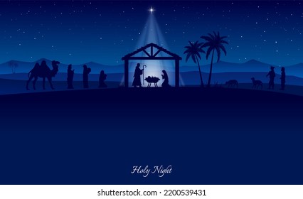 Christmas Nativity Scene In The Desert Greeting Card Background. 