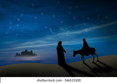 Christmas Nativity Scene Of Joseph And Mary With Donkey On The Way To Bethlehem