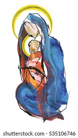 Christmas nativity scene Mother and child, Virgin Mary with baby Jesus. abstract artistic watercolor style digital illustration.