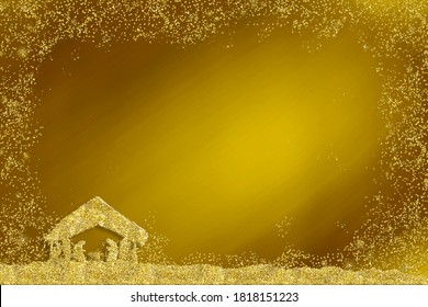 Christmas Nativity Scene, Religious Greetings Cards. Abstract Freehand Drawing Of Nativity Scene With Silver Glitter On Gold  Paper Background With Copy Space.3D Illustration. Vertical Image.