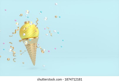 Christmas And New Year Background With Christmas Ball On Ice Cream Cone. 3d Render.