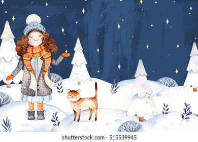 Christmas and New Year collection.Watercolor handpainted illustration with a cute girl in a wool coat,scarf,hat and her little friend-cute kitten.Winter landscape with christmas tree.Dreams come true