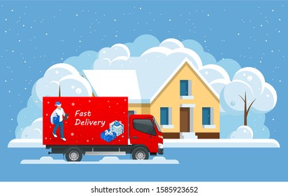 Christmas and New Year Delivery Truck. Christmas Shopping and Winter Holiday. Logistics and Delivery concept. Delivery home and office. City logistics. - Powered by Shutterstock