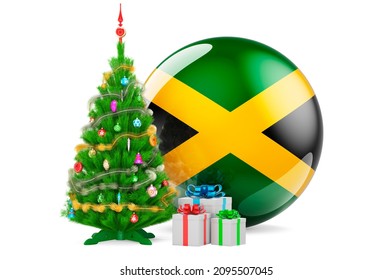 Christmas and New Year in Jamaica, concept. Christmas tree and gift boxes with Jamaican flag, 3D rendering isolated on white background