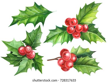 Christmas and New Year symbol decorative elements. Holly berry set. Watercolor colorful floral 