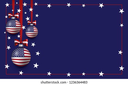 Christmas And New Year Template Background With Balls And American Flag. USA Patriotic Christmas Background