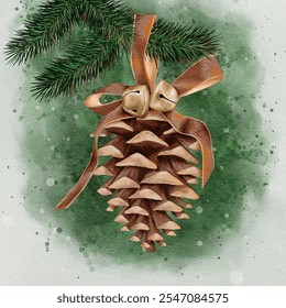 Christmas and New Year watercolor illustration with a fir tree branch with a pinecone hanging on it, decorated with a velvet bow and jingle bells. Suitable for a holiday poster or greeting card  - Powered by Shutterstock