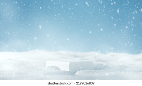 Christmas and new year winter holiday concept. Minimal white podium with snowfall on snow background, 3d rendering. - Powered by Shutterstock