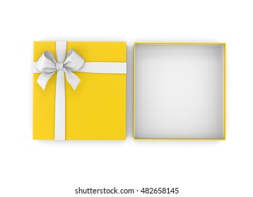 Christmas And  New Year's Day  ,Open Yellow Gift Box Top View White Background 3d Rendering