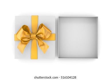 Christmas, New Year's Day ,Open Gold Yellow Gift Box Top View White Background 3d Rendering