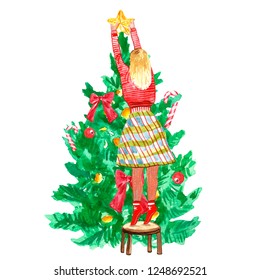 Christmas and New Year's scene 
with girl decorating a festive fir tree with a star topper ornament. Winter Holiday watercolor illustration. - Powered by Shutterstock