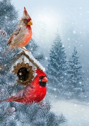 Christmas, New Year's Winter Holiday Background, Two Red Cardinal Birds Sit On A Spruce Branch, Pine Trees, Decorated Birdhouse, Feeder, Garland, Toys, 3d Rendering