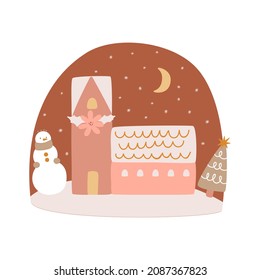 Christmas night landscape scene  Winter outdoor  Childish Merry Christmas poster  Christmas village at night  snowman  Christmas tree drawing design  Night New Year card  Nordic cute illustration 