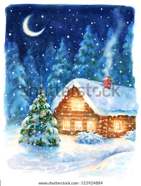 クリスマスの夜の風景 水彩の手描きのイラスト グリーティングカード用のホリデー背景 招待状 のイラスト素材 515924884