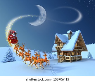 Christmas night scene - Santa Claus rides reindeer sleigh in front of the log house - Powered by Shutterstock