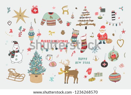 Christmas objects collection, illustrations set with snowman, fir-tree, toys, deer, gifts.