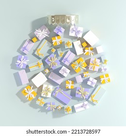Christmas objects laid out in the shape of a Christmas bauble made from violet color gift box. 3D Rendering. Minimal idea Christmas.