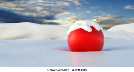 Christmas ornament red color bauble snowcapped in winter snow covered landscape background, blue cloudy sky at sunrise. Holiday season card template. 3d illustration - Powered by Shutterstock