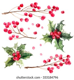 Christmas ornaments from the branches painted with watercolors on white background. Holly sprigs with red berries.