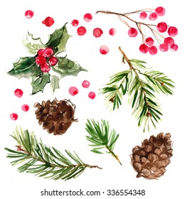 Christmas ornaments from the branches painted and watercolors white background  Branches trees  Holly sprigs and red berries 