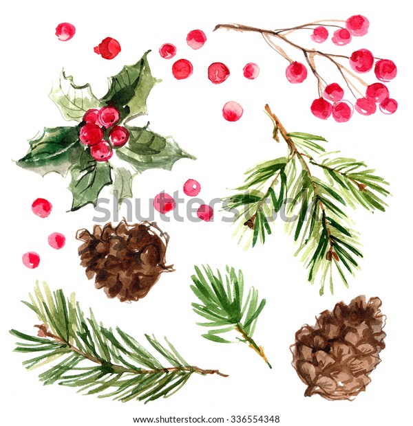Christmas Ornaments Branches Painted Watercolors On Stock Illustration ...