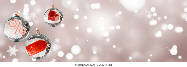 Christmas ornaments hang against a soft, snowy background, a festive sale holiday atmosphere. 3d rendering - Powered by Shutterstock