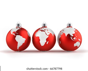 Christmas ornaments with world maps - 3d render
