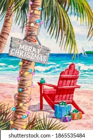 Christmas palm Tree on the beach. Red wooden chair lounge with presents or gift boxes at the ocean coast. Merry Christmas and Happy New Year. Winter Holidays or Vacations. Watercolor painting